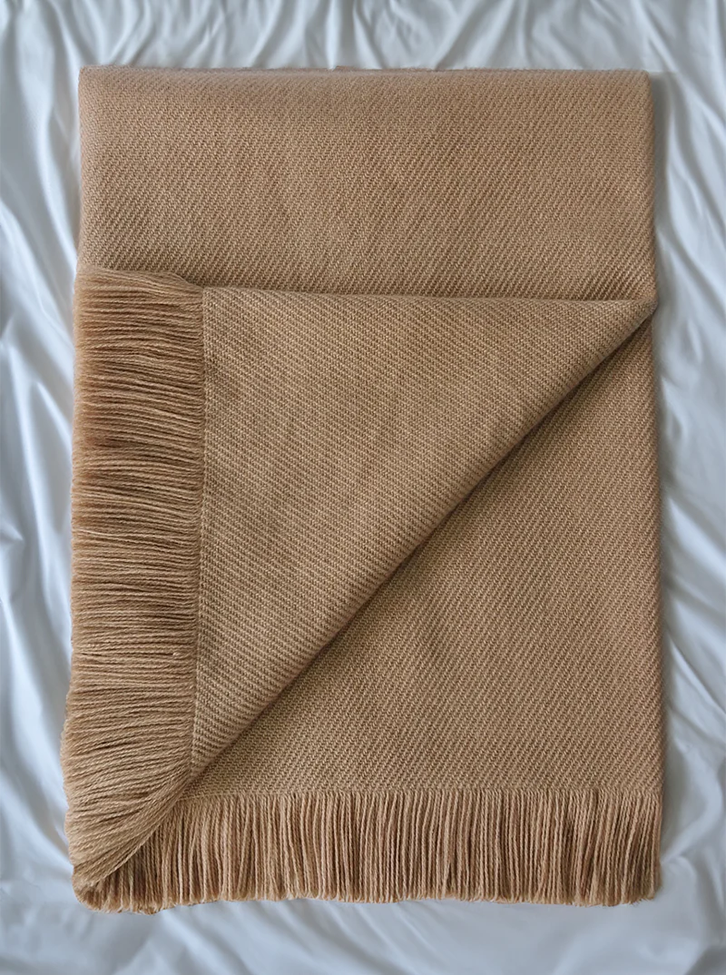Alpaca Throw Blanket | Beige with Fringes - Image 4