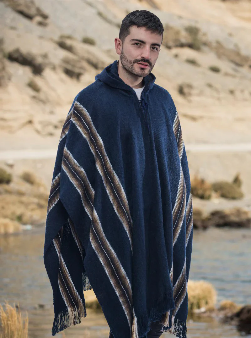 Blue Alpaca Poncho for Men - Image 4
