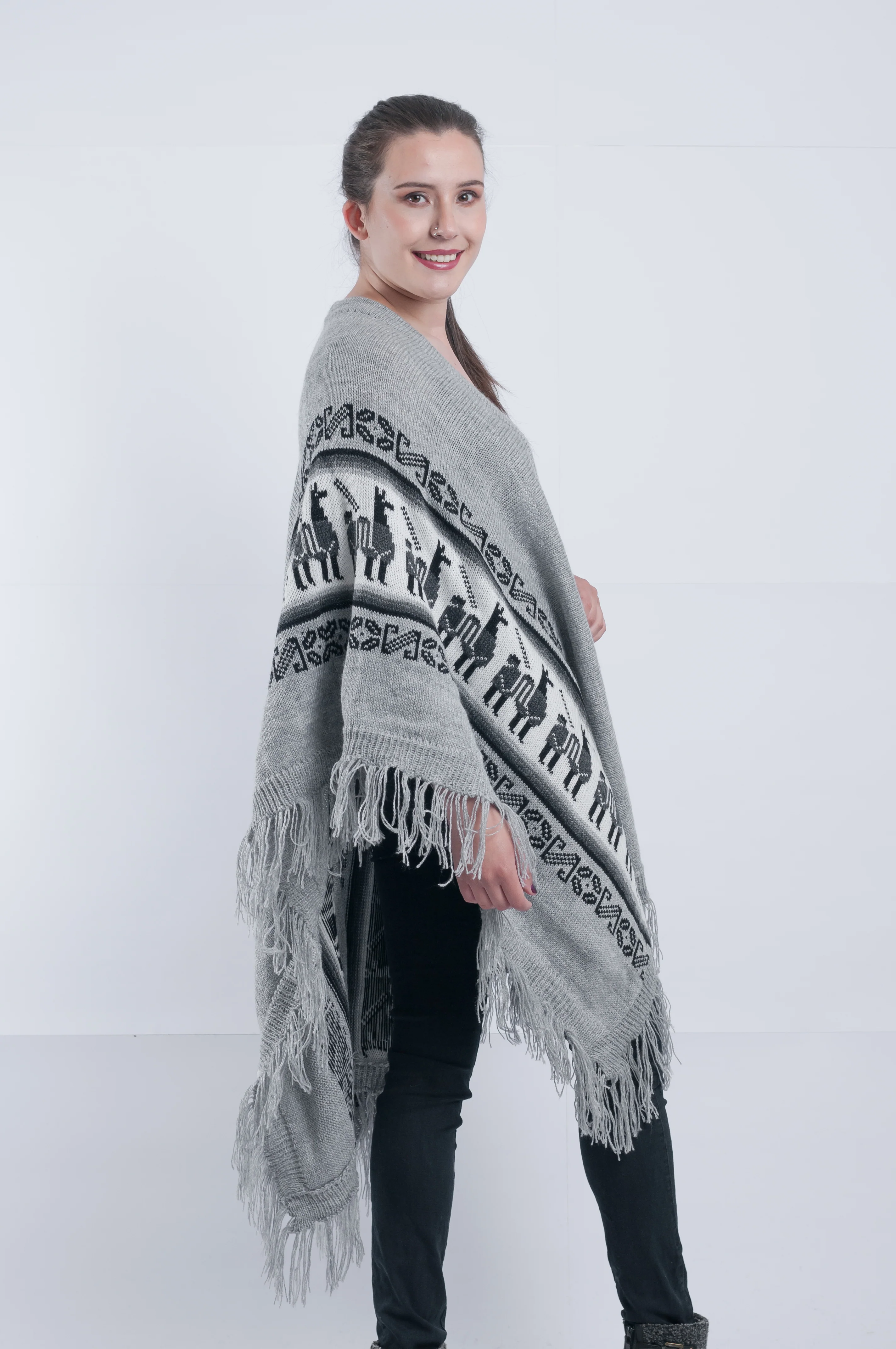 Gray Alpaca Shawl Open Poncho - Image 4