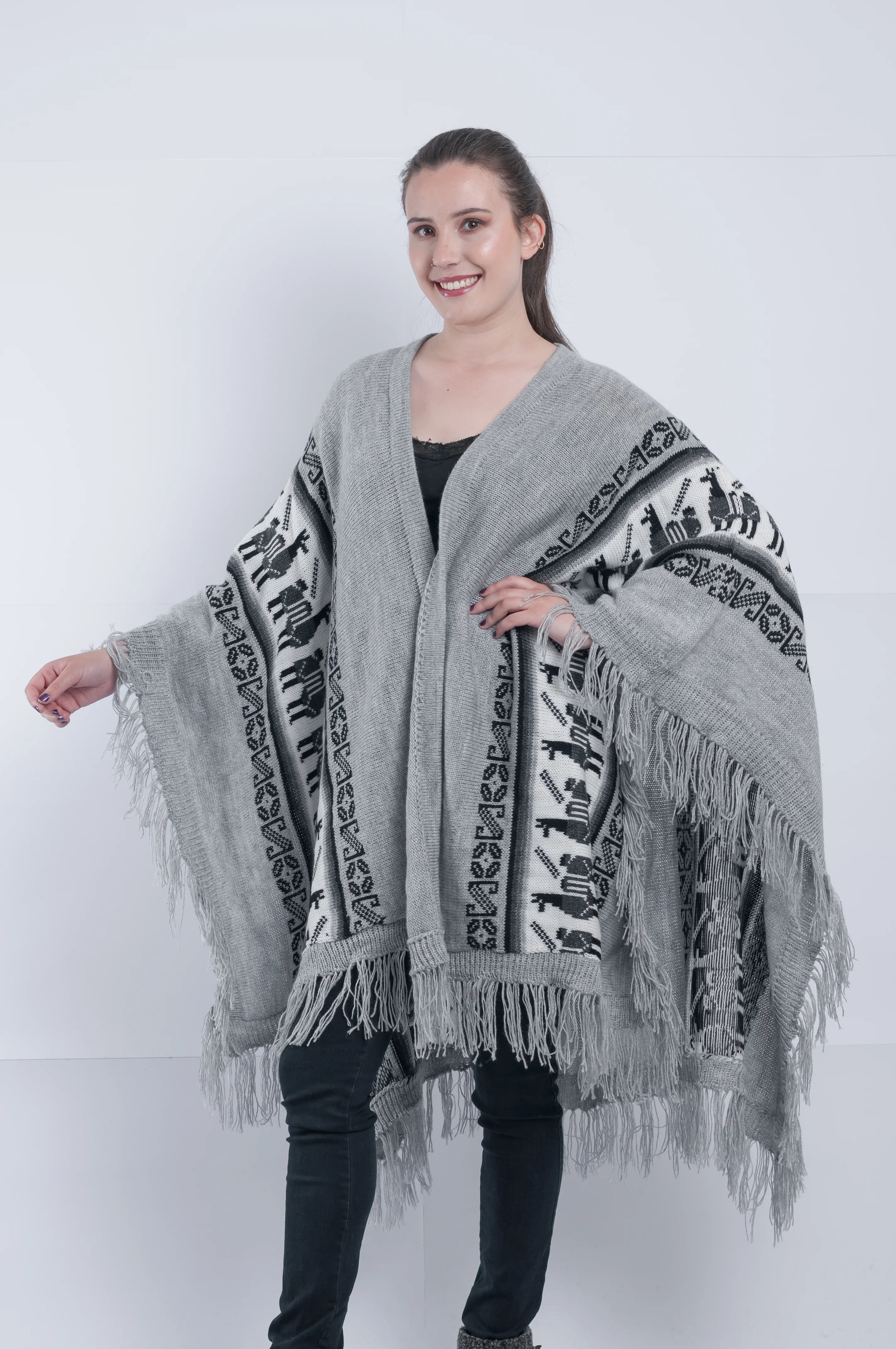 Gray Alpaca Shawl Open Poncho - Image 5
