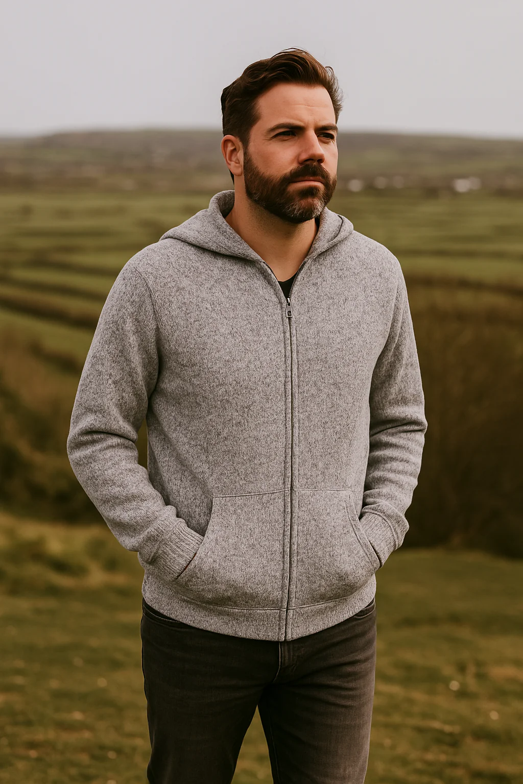 Gray Alpaca Wool Full Zip Hoodie for Men - Image 5