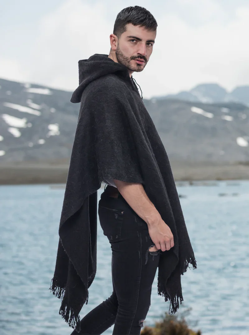 Hooded Black Poncho for Men - Image 3