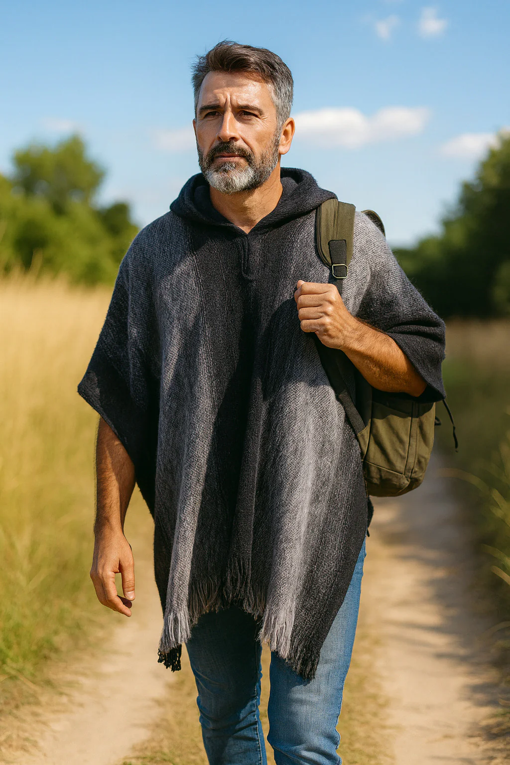 Hooded Poncho for Men Black and Gray - Image 5