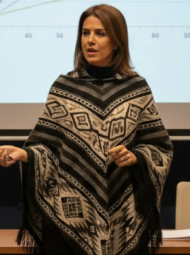 Mexican Geometric Wool Poncho | Black & Cream Tones - Image 3