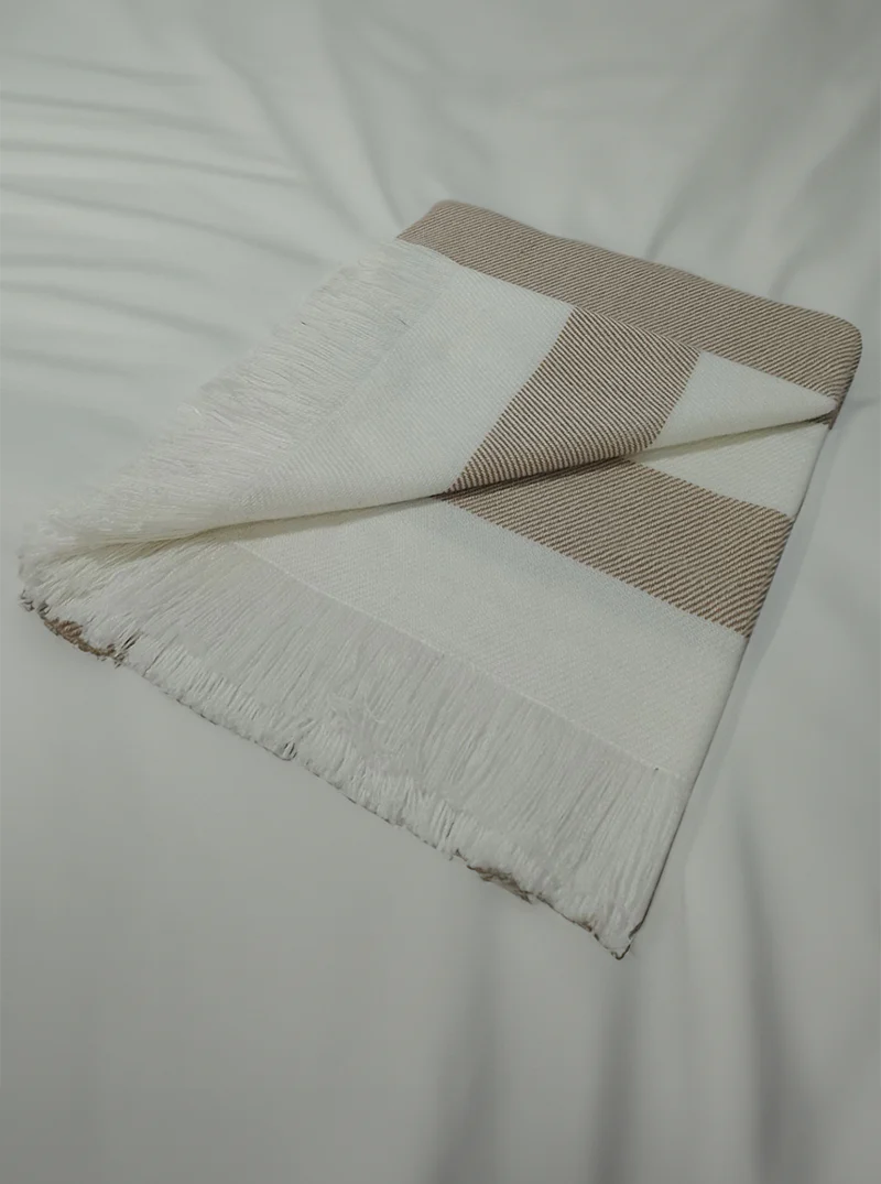 Striped Alpaca Throw Blanket with Fringes | White and Beige - Image 3