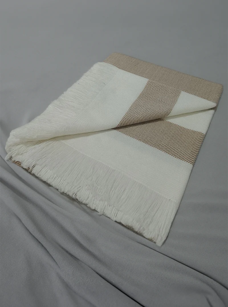 Striped Alpaca Throw Blanket with Fringes | White and Beige - Image 4