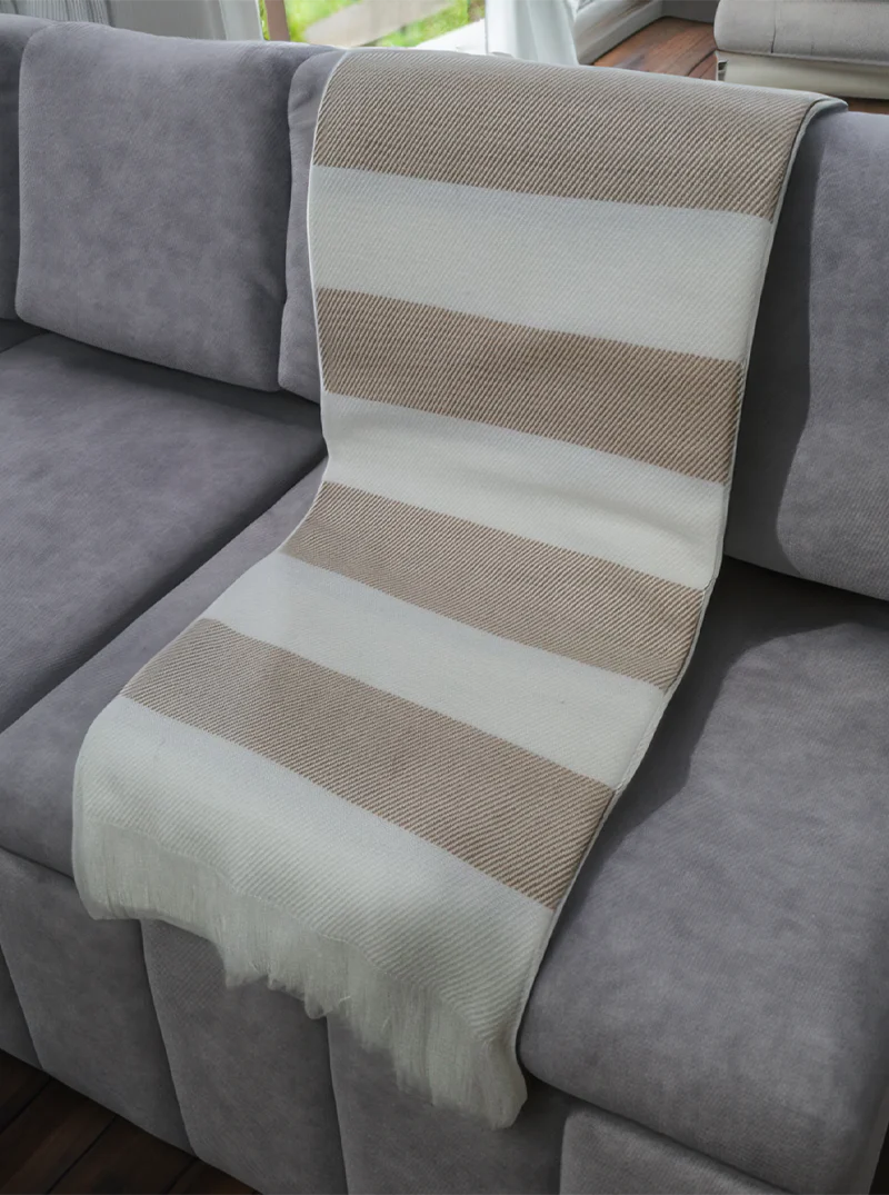Striped Alpaca Throw Blanket with Fringes | White and Beige - Image 5