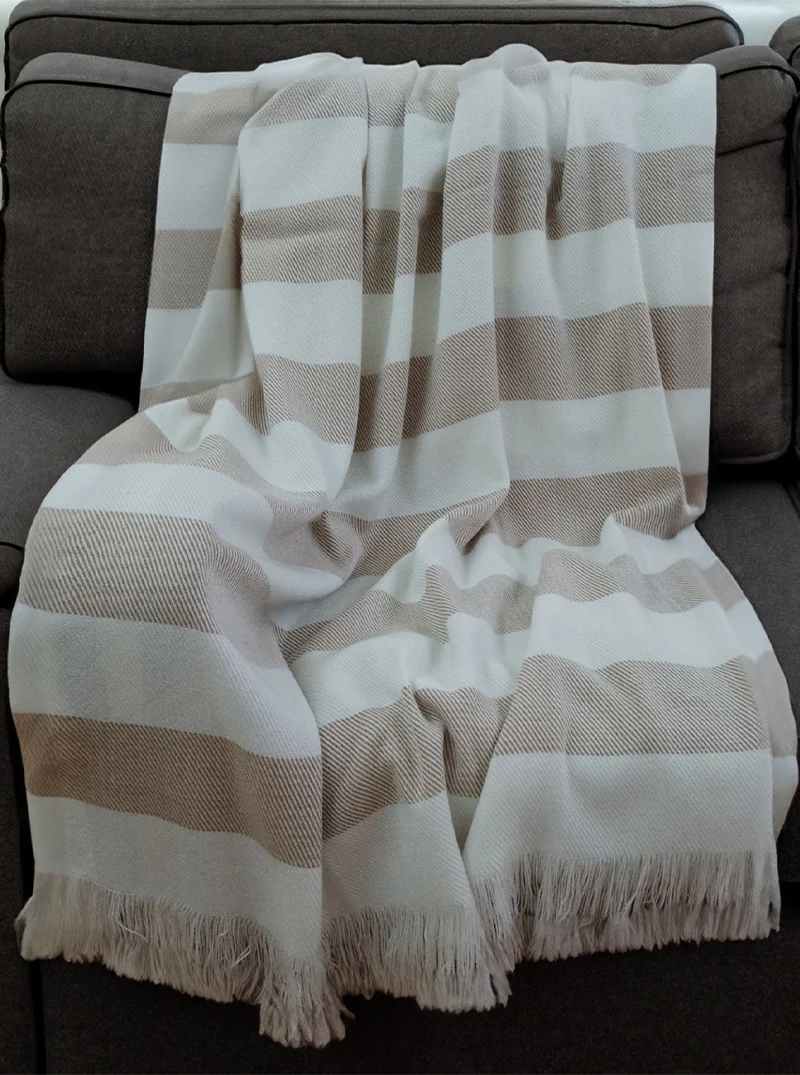 Striped Alpaca Throw Blanket with Fringes | White and Beige - Image 6