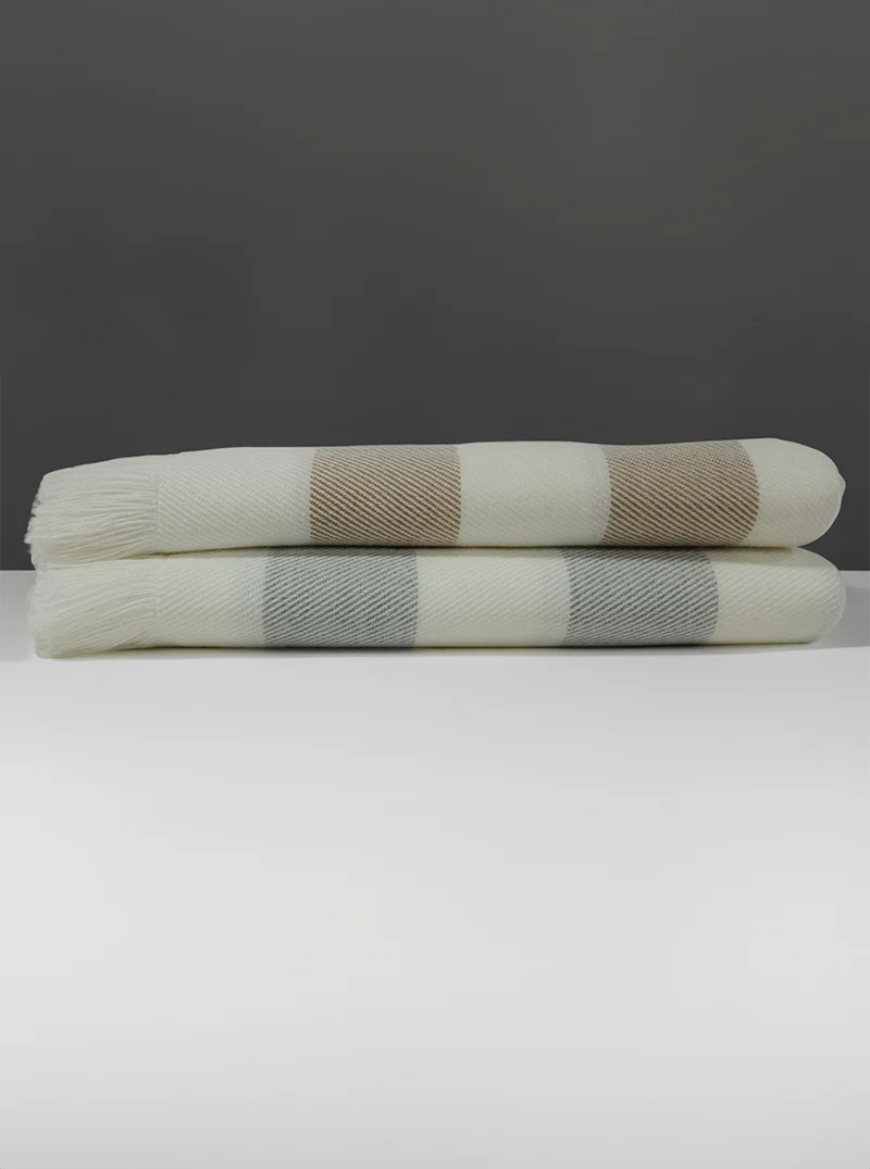 Striped Alpaca Throw Blanket with Fringes | White and Beige - Image 7