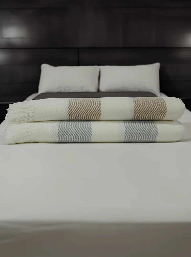 Striped Alpaca Throw Blanket with Fringes | White and Beige - Image 8