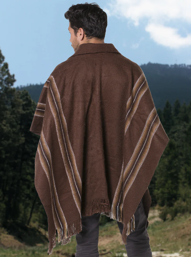 V-Neck Brown Alpaca Poncho for Men - Image 3