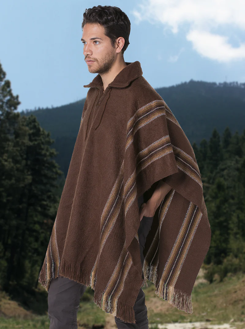 V-Neck Brown Alpaca Poncho for Men - Image 4