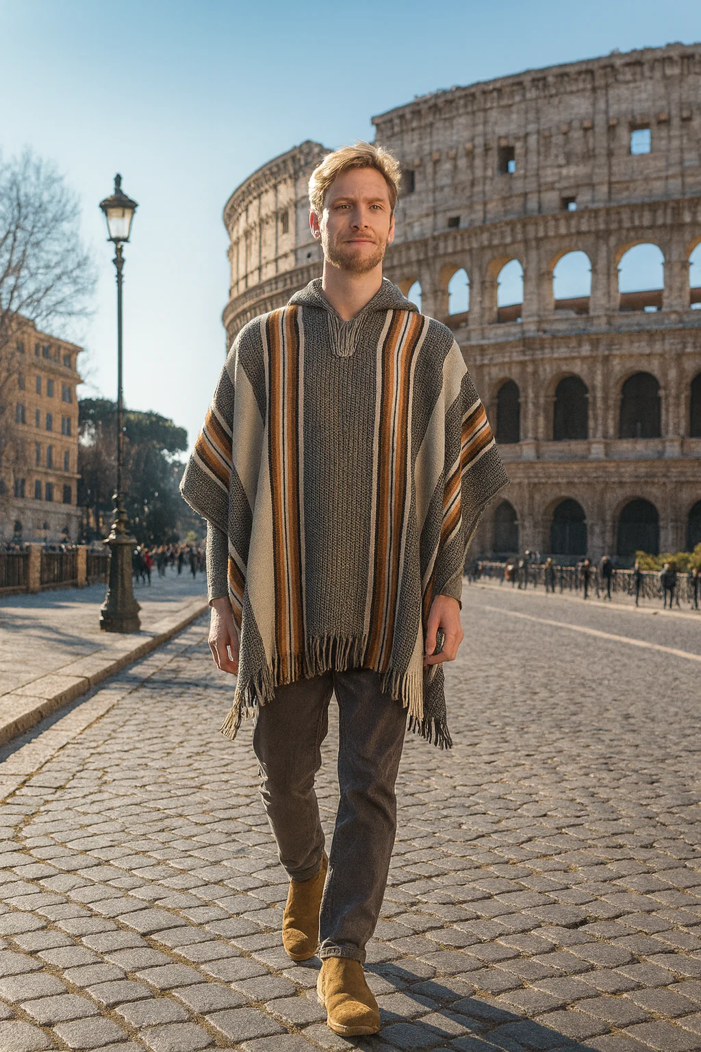 V-Neck Hooded Alpaca Poncho for Men - Image 3
