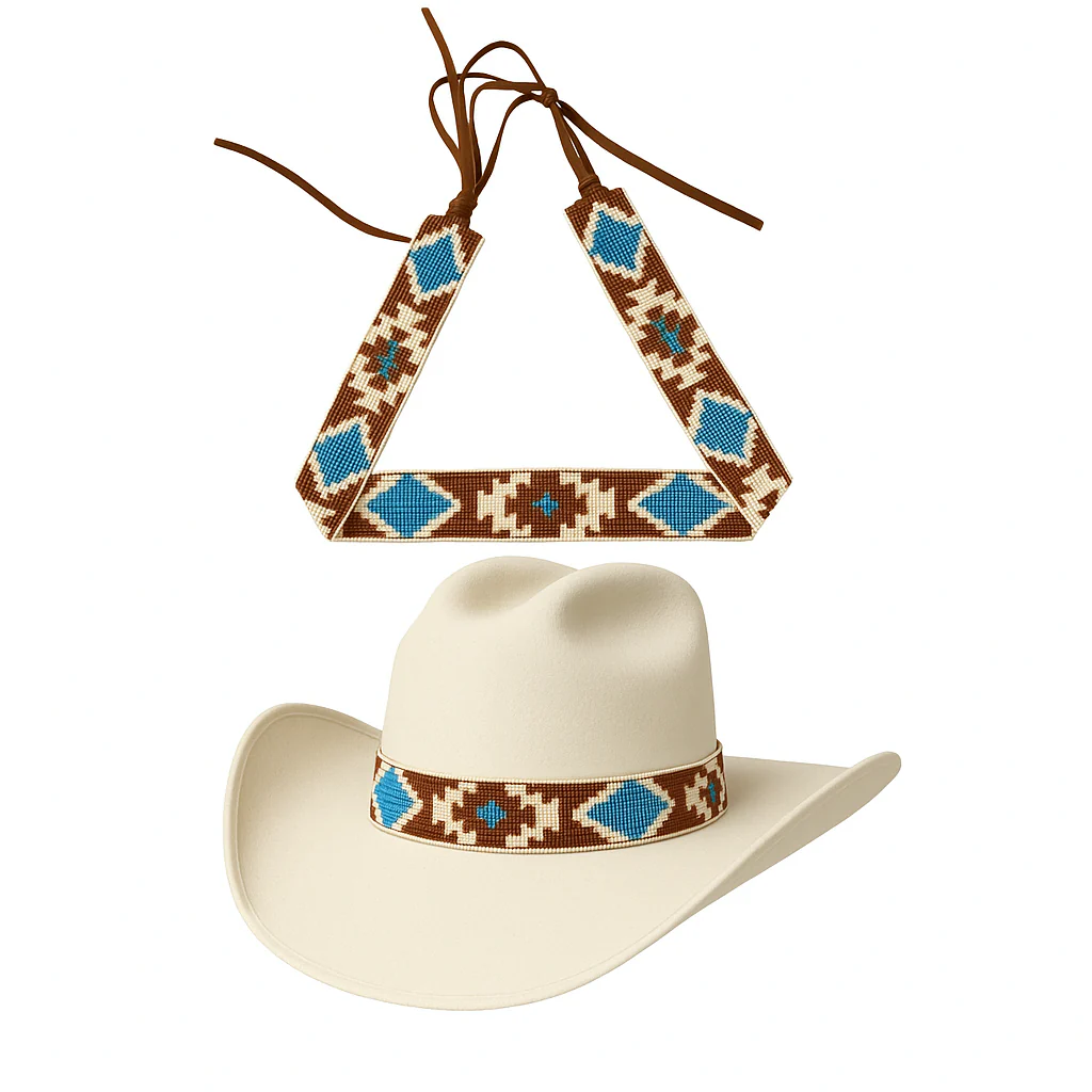 Western Beaded Hat Band | Brown & Blue Tribal Pattern - Image 5