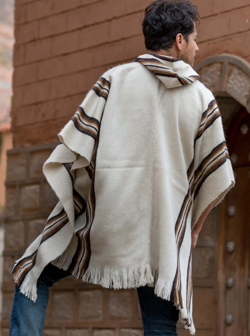 White Alpaca Poncho with Brown Lines for Men - Image 3